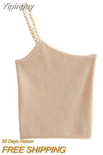 Yipinpay Beaded Crop Top Women Asymmetrical Off Shoulder Knit Top Female Beige Sexy Tops Woman Summer Backless Streetwear Y2k Tops